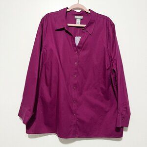 Catherines Womens No Iron Button Up Shirt 2X Cotton Purple Jewel Tone Business